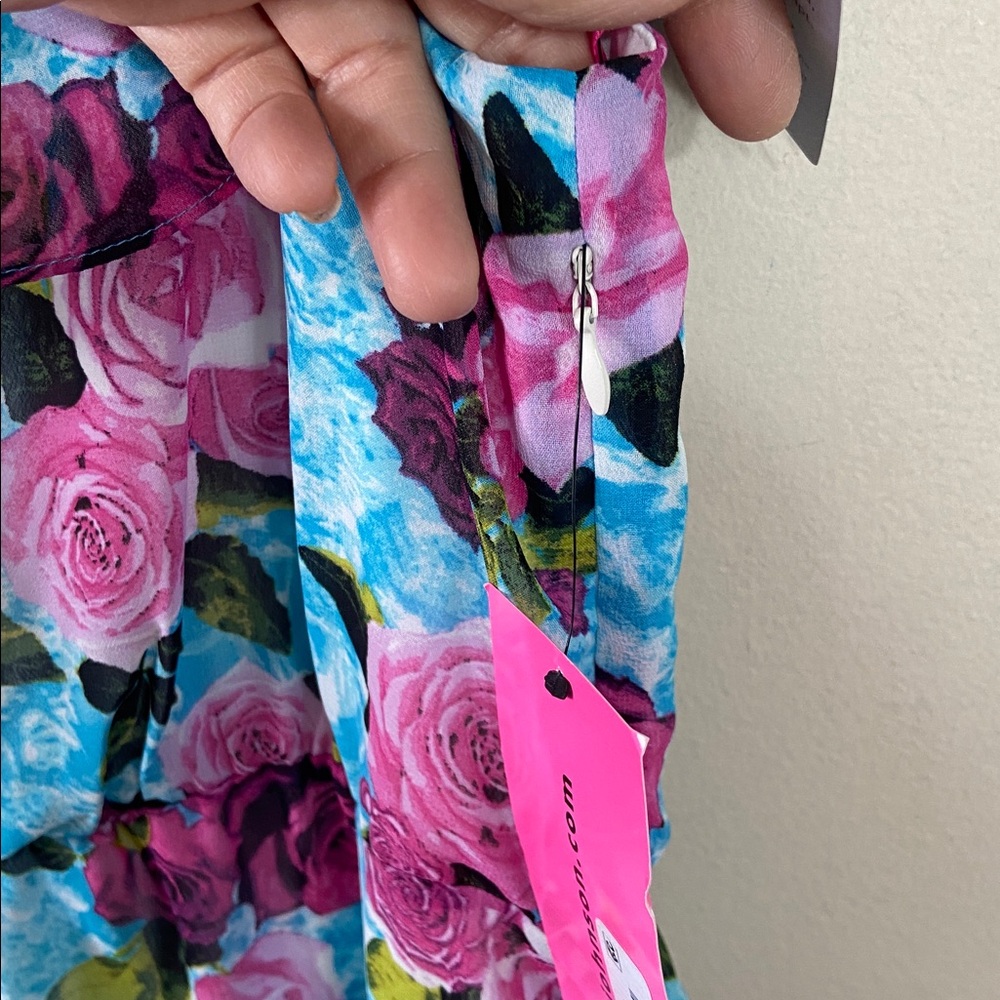 Betsey Johnson Floral Maxi Dress Off Shoulder Blue Pink Roses Malibu Print NWT 8 - Picture 5 of 7